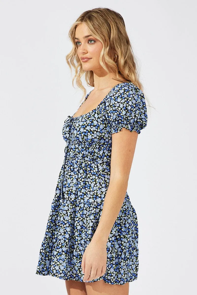 Durable materials Black Ditsy Fit And Flare Dress Puff Sleeve Mini