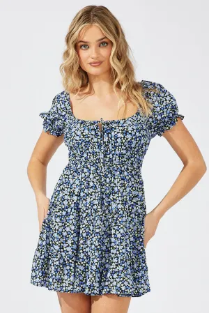 Black Ditsy Fit And Flare Dress Puff Sleeve Mini Urban Chic