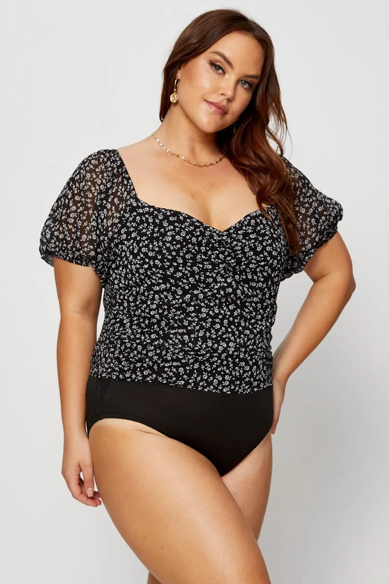 Ditsy Print Ruched Bodysuit Short Sleeve AdjustableCuffs MinimalistDesign