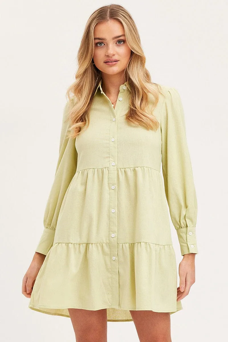 Green Shirt Dress Long Sleeve Button Front Compact Packable Design Faith Core