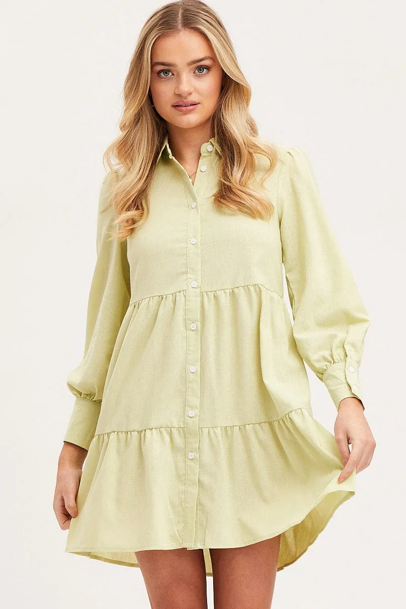 HighElasticity Green Shirt Dress Long Sleeve Button Front