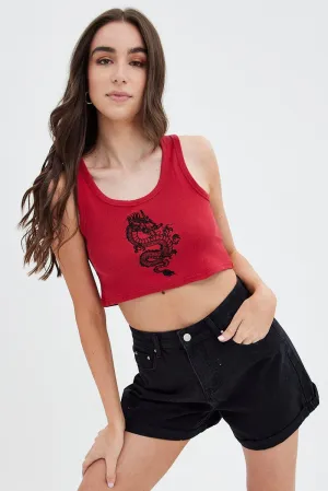 Unique Cut Red Rib Tank Top Dragon Embroidery