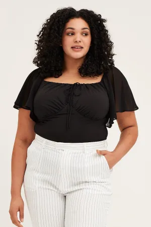 Black Bodysuit Short Sleeve Gathered Bust Adjustable Waistbands Lean Glow
