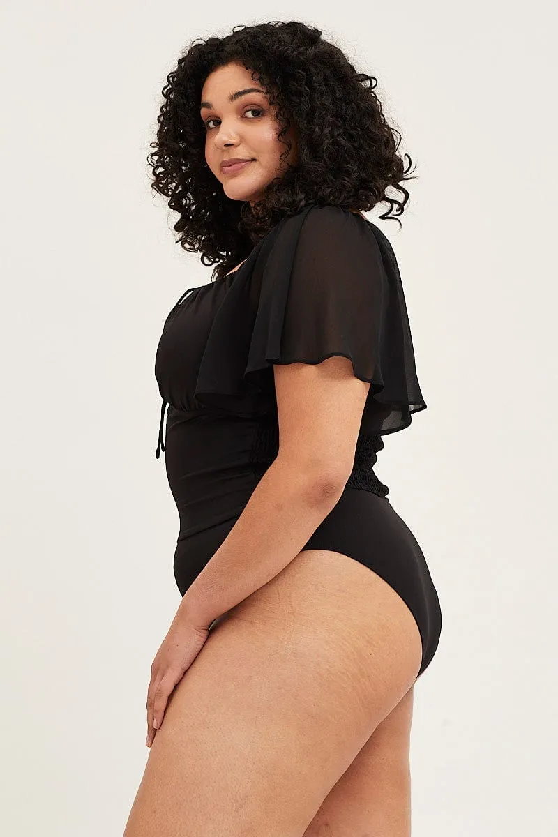 Black Bodysuit Short Sleeve Gathered Bust Everyday Comfort