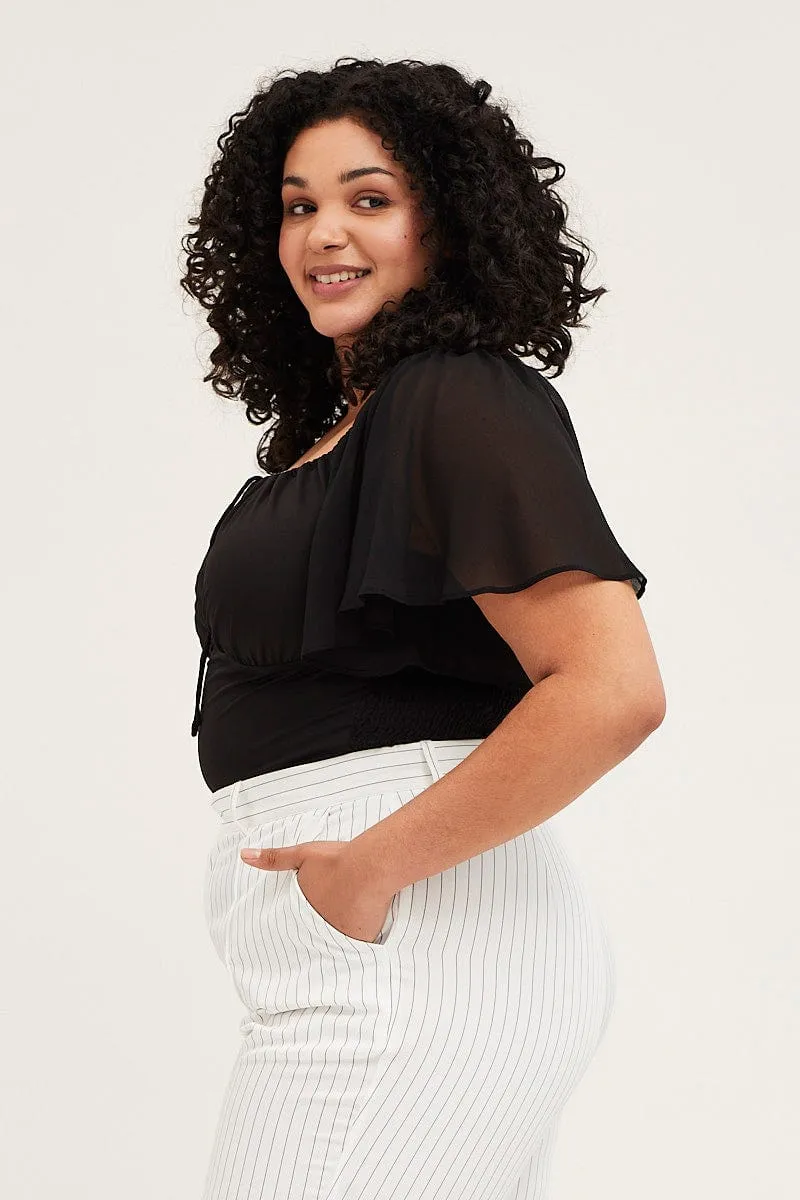 Formal Look Black Bodysuit Short Sleeve Gathered Bust