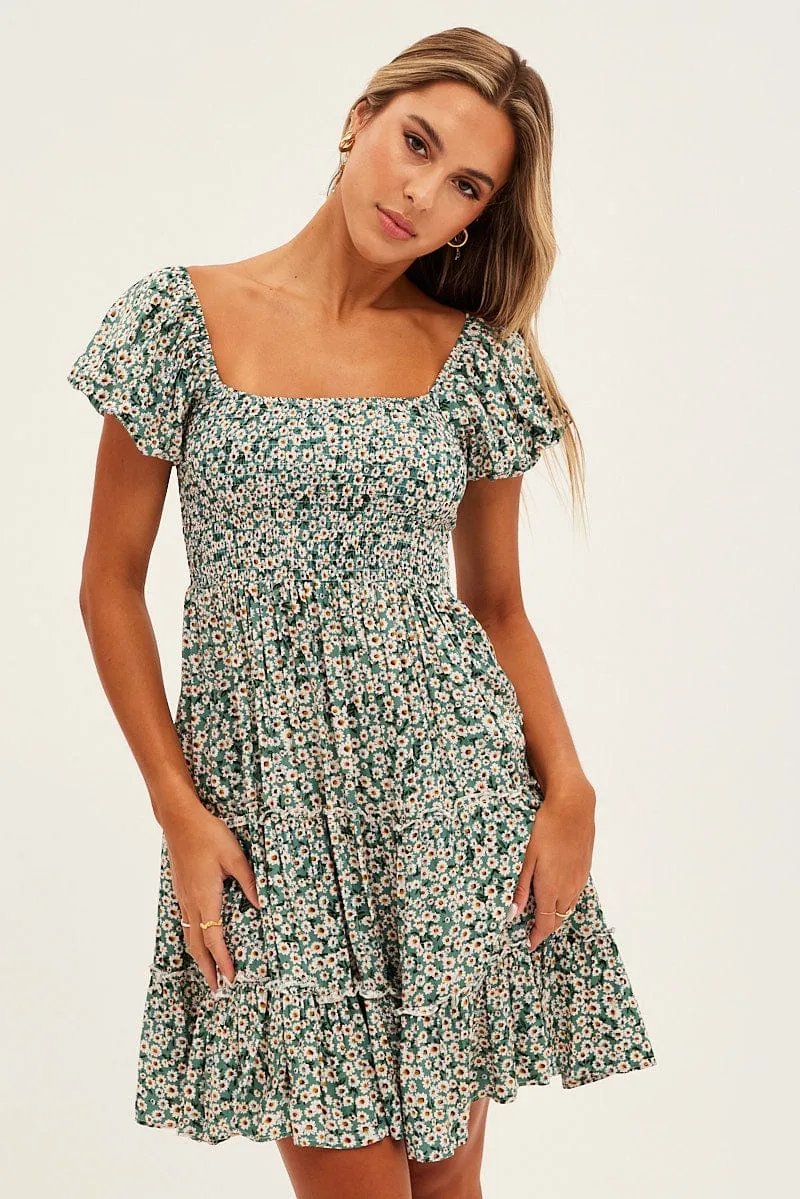 Green Floral Skater Dress Lean Glow All Day