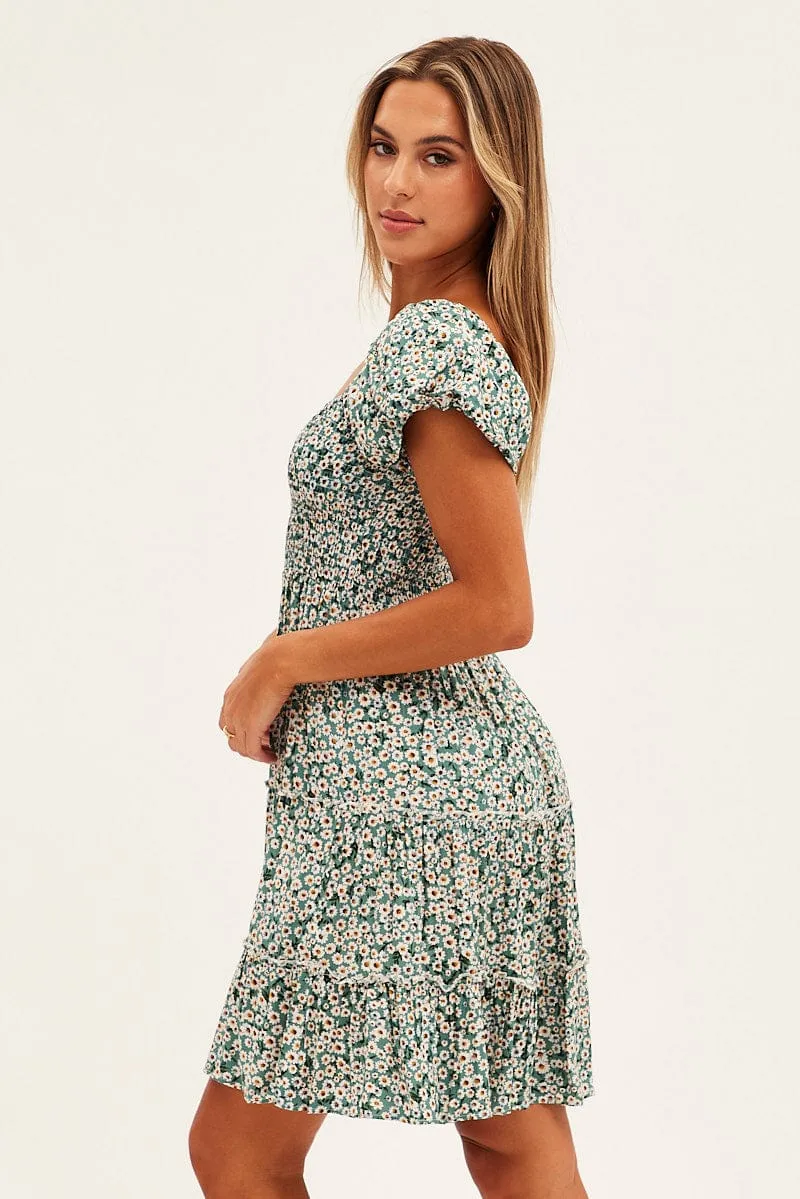Green Floral Skater Dress Relaxed Outfit