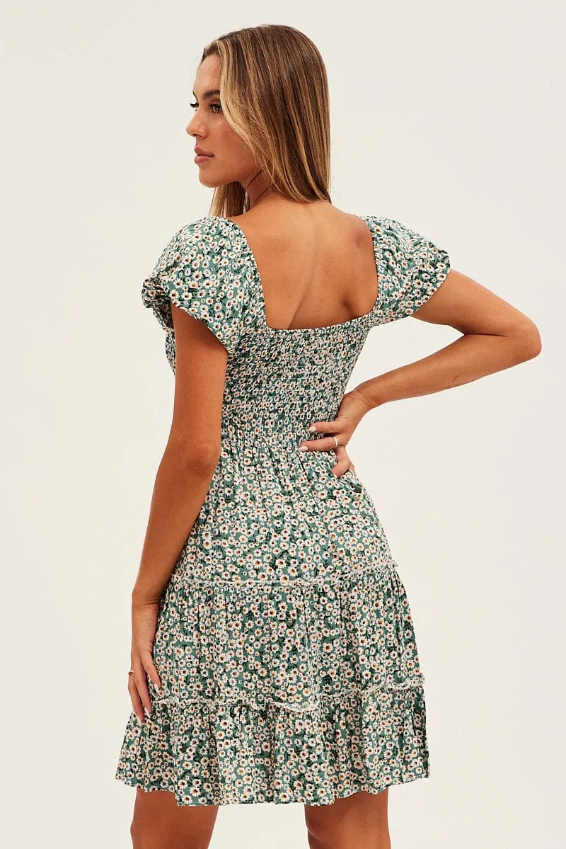 Green Floral Skater Dress All-Day Fit