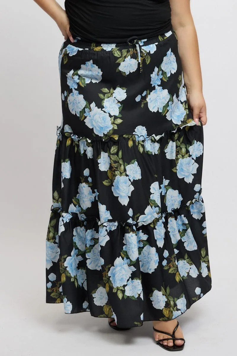 Black Floral Elastic Waist Tiered Maxiskirt Fashion Detail
