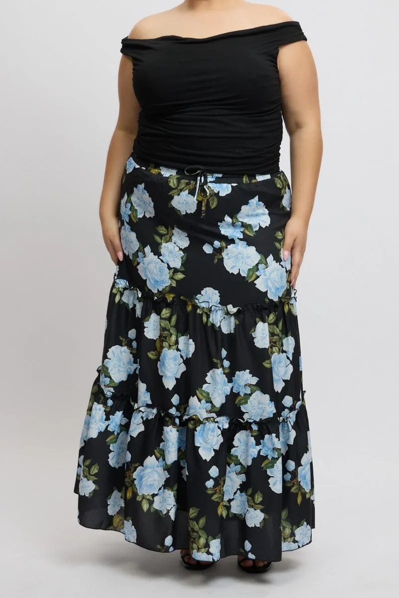 Black Floral Elastic Waist Tiered Maxiskirt Visual Outfit