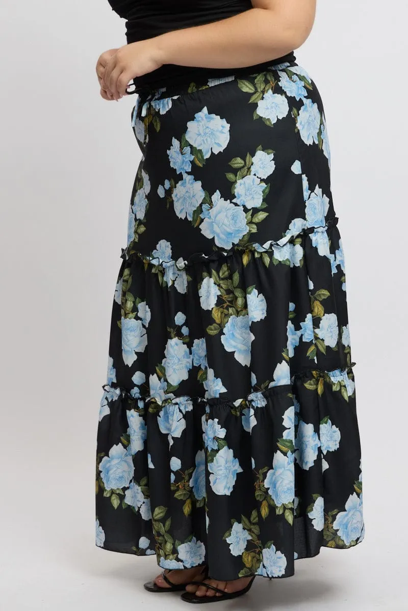 Black Floral Elastic Waist Tiered Maxiskirt Dance Practice Secure Closure