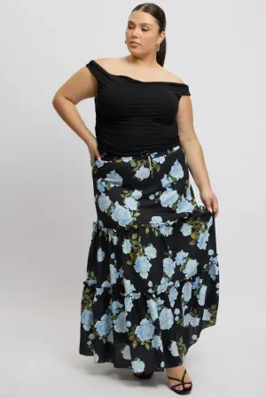 Black Floral Elastic Waist Tiered Maxiskirt Outdoor Outfit