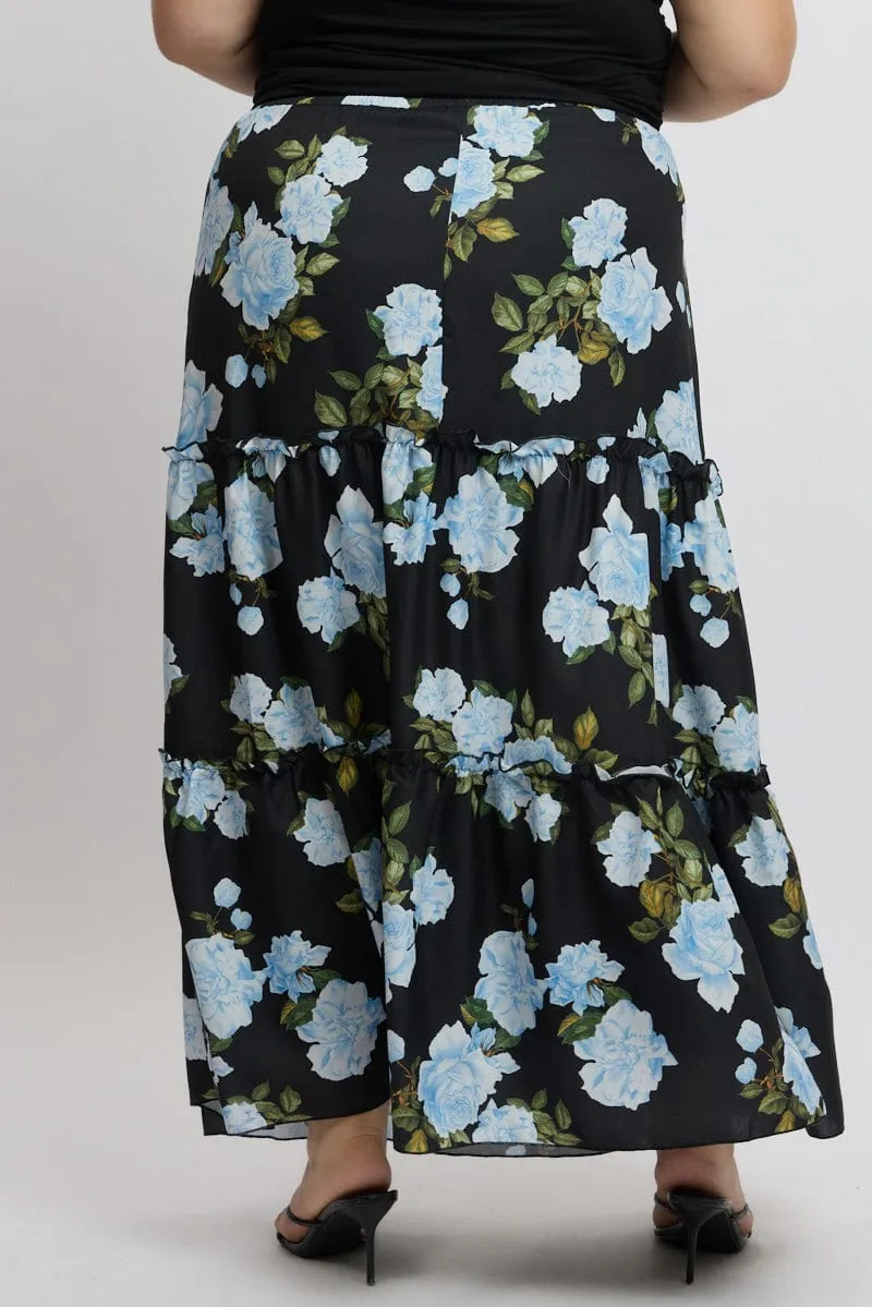 Tear Resistant Material Black Floral Elastic Waist Tiered Maxiskirt