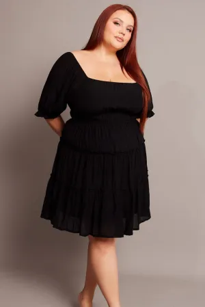 Black Mini Dress With Elastic Waist And Frill Skirt Bold Finish Weighted Hem