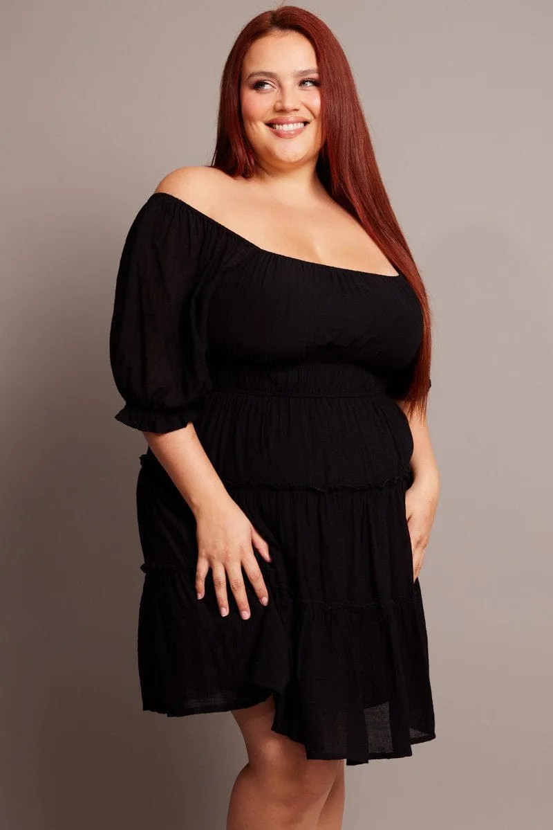 understated look Twist Front Design Black Mini Dress With Elastic Waist And Frill Skirt