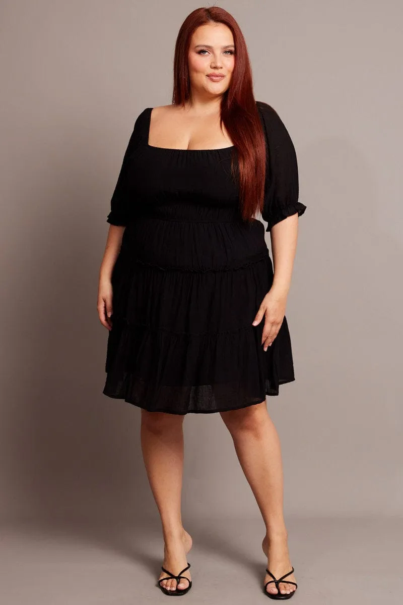 Black Mini Dress With Elastic Waist And Frill Skirt Casual Edge A Line Silhouette