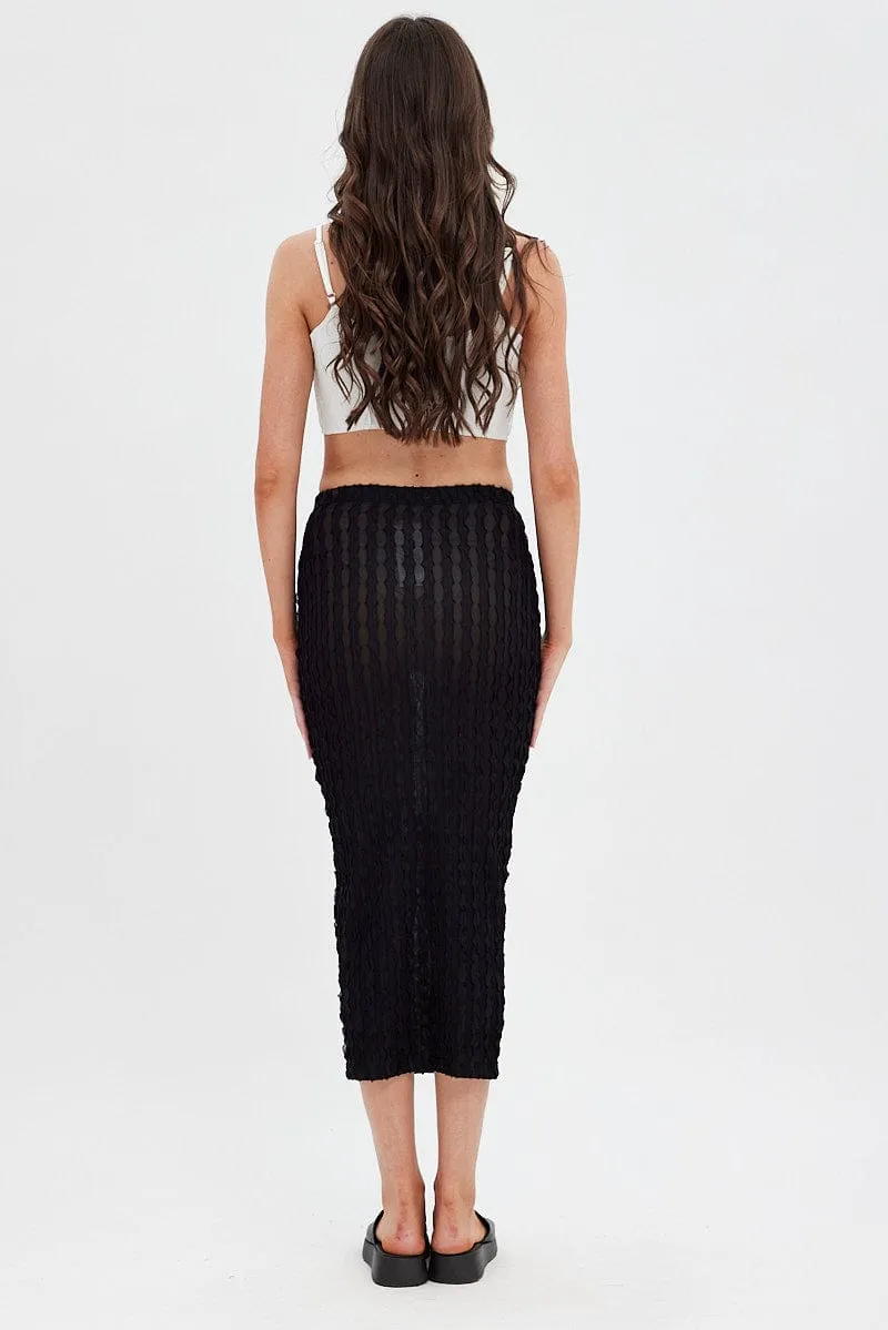 Black Textured Midi Skirt Fold Over Detail
