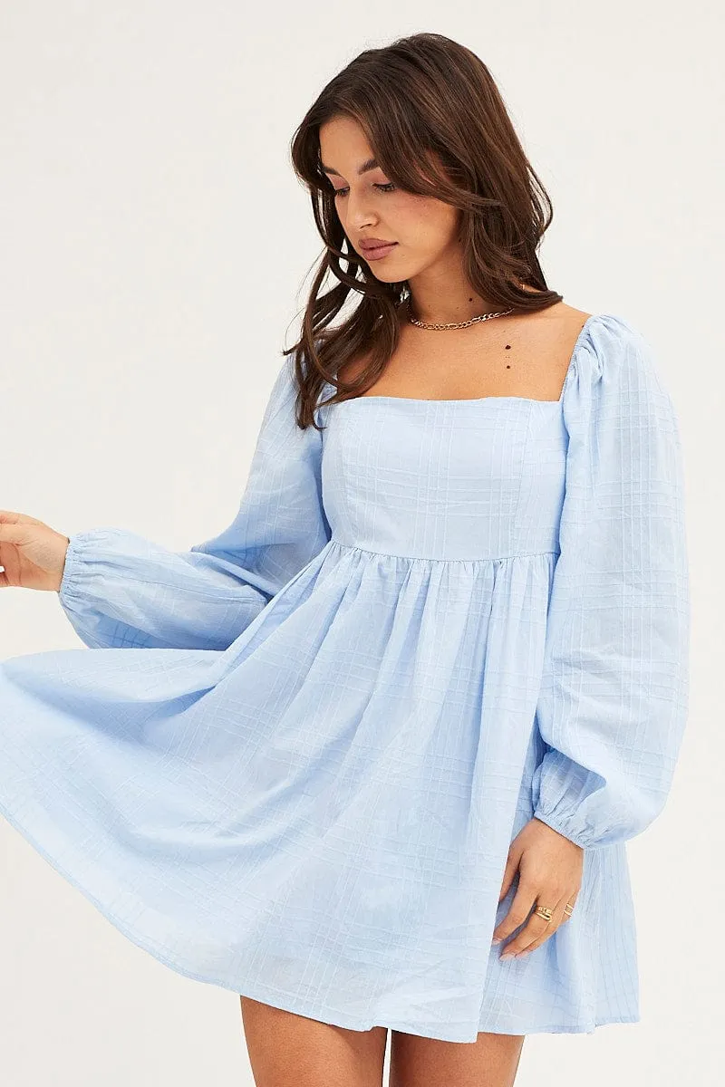 Flatlock stitching Smart Fit Blue Square Neck Skater Dress
