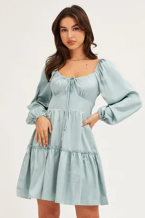 MultiPanelCut WeightlessLayeringPiece Green Ruffle Skater Dress