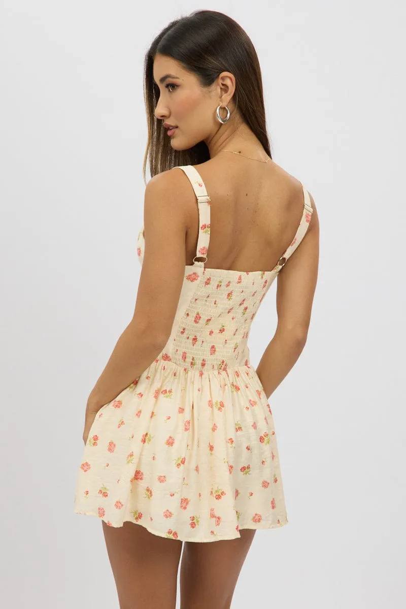Rounded Neckline Pink Floral Fit And Flare Dress Mini
