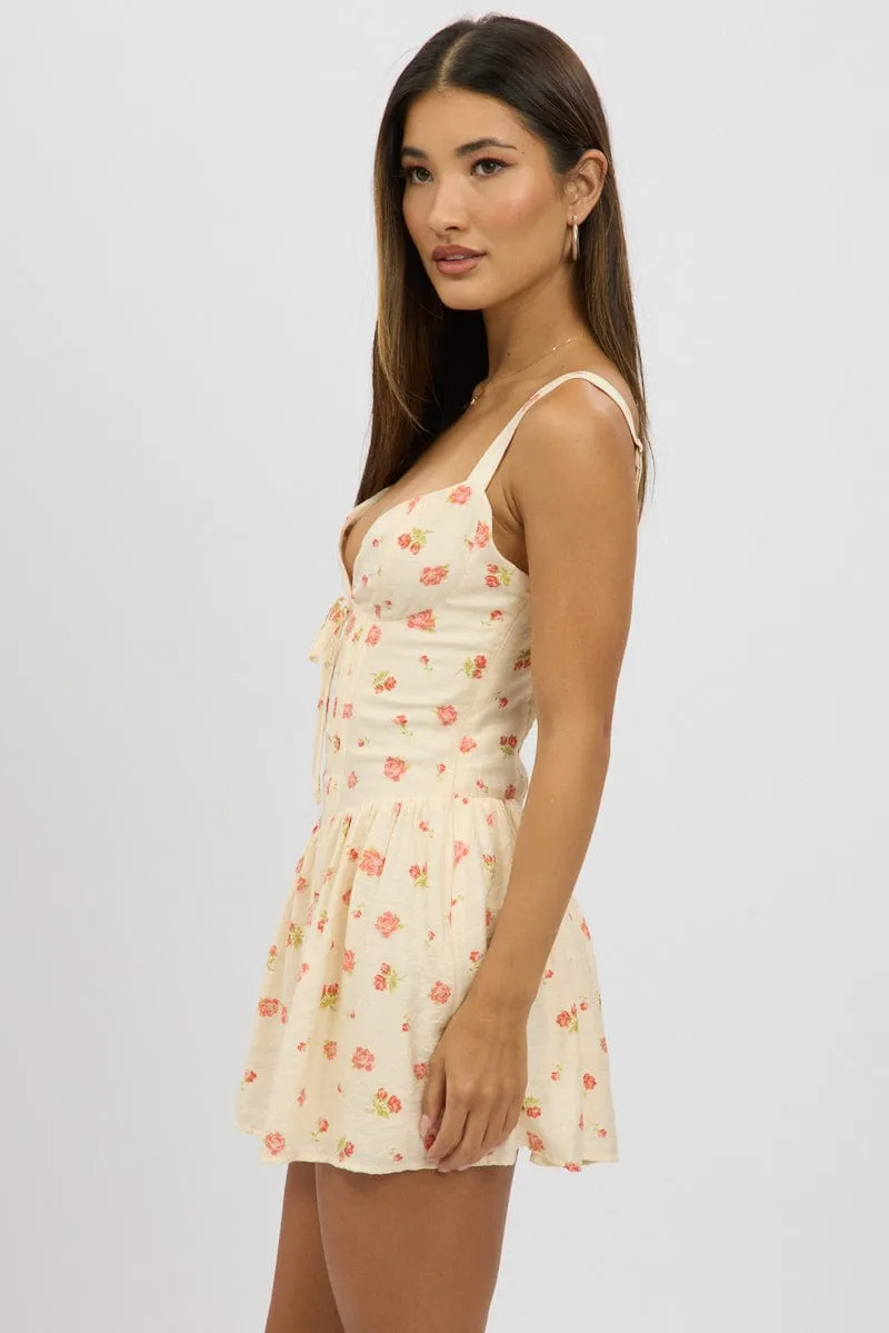 Pink Floral Fit And Flare Dress Mini Overlapping Panel Design