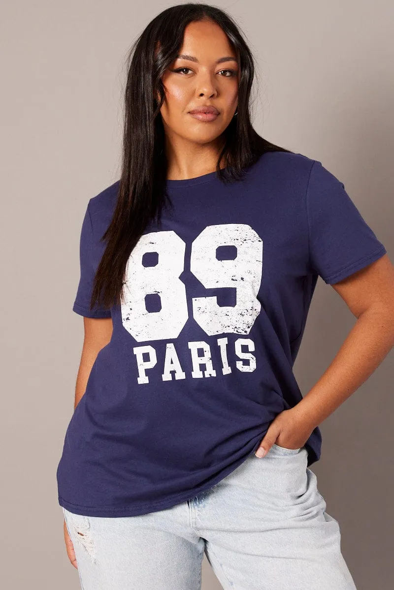 Chilly Day Style Chic Style Trend Blue Graphic T-shirt Short Sleeve Crew Neck