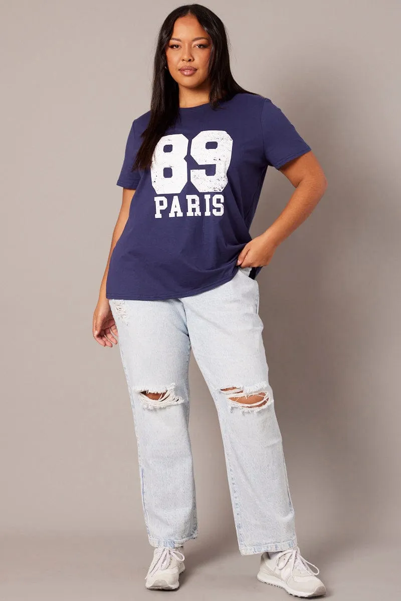 Athletic Fit Stylish Casual Blue Graphic T-shirt Short Sleeve Crew Neck