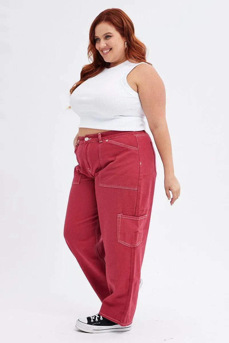Red Cargo Jeans Out Pocket Work Meeting Trendy Modern Minimalist Weekend Getaway Stylish