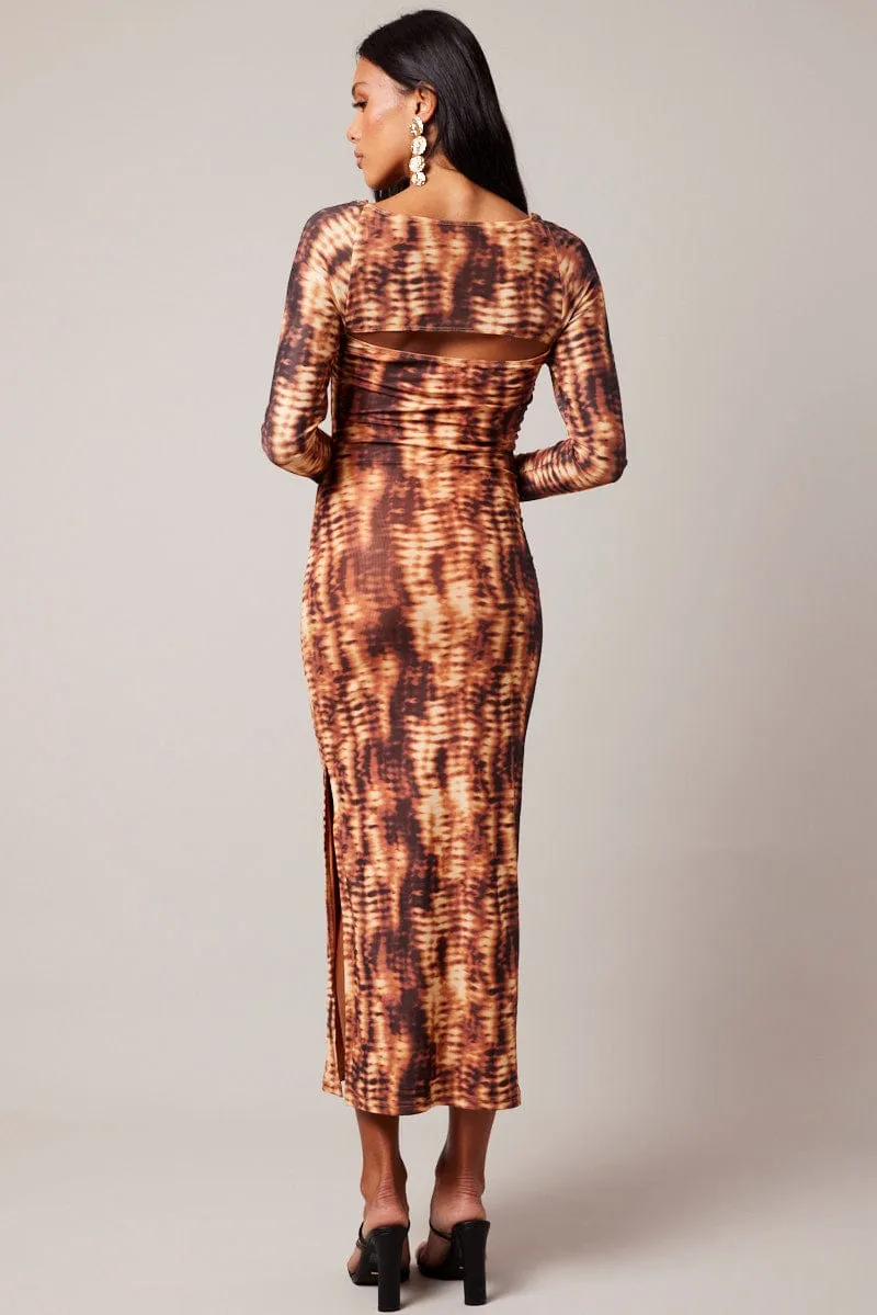 ButterSoftKnit Brown Abstract Bodycon Dress Long Sleeve Square Neck Mesh