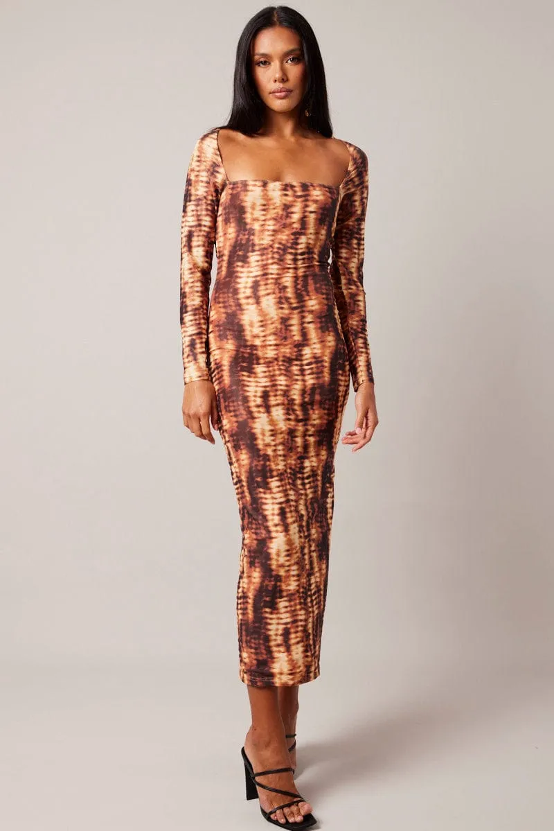 Brown Abstract Bodycon Dress Long Sleeve Square Neck Mesh Fresh Glow