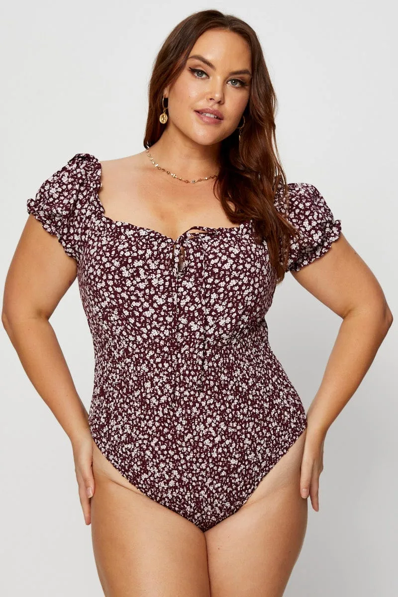 Skin Hug Ditsy Print Shirred Bodysuit Short Sleeve