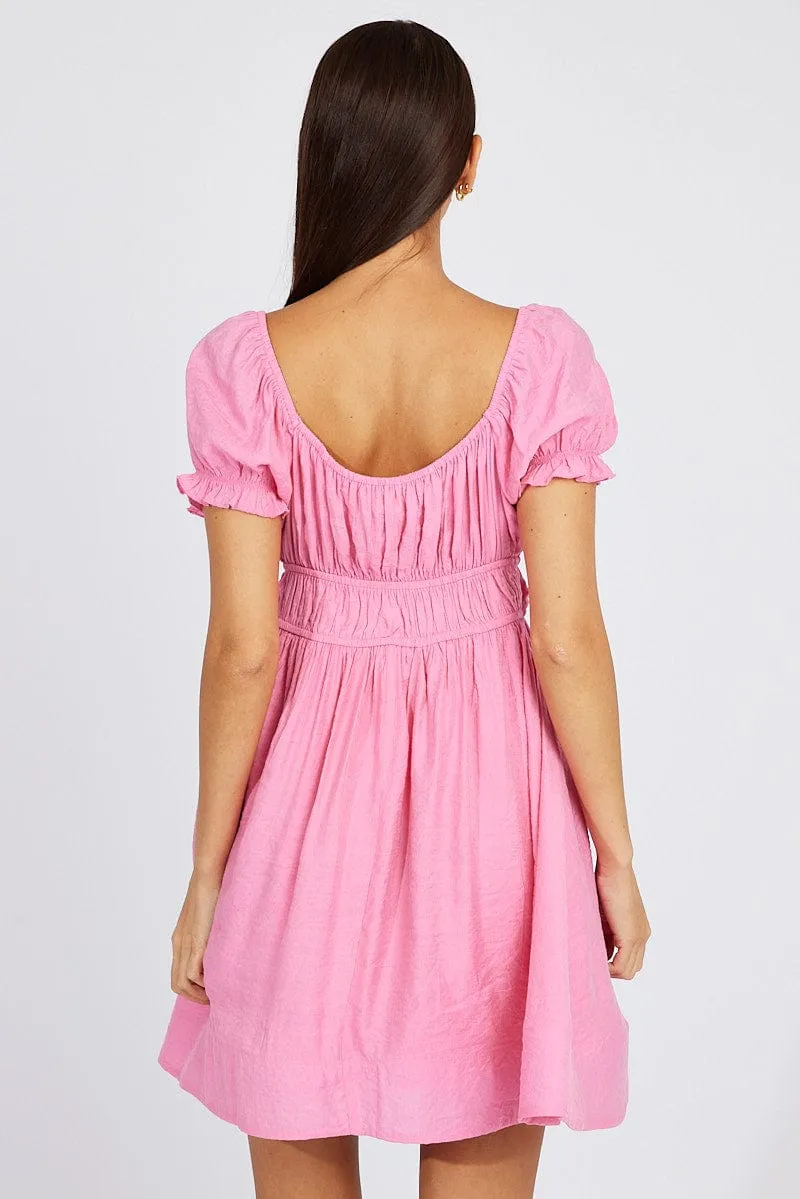 Street Icon Pink Fit and Flare Dress Short Sleeve Ruched