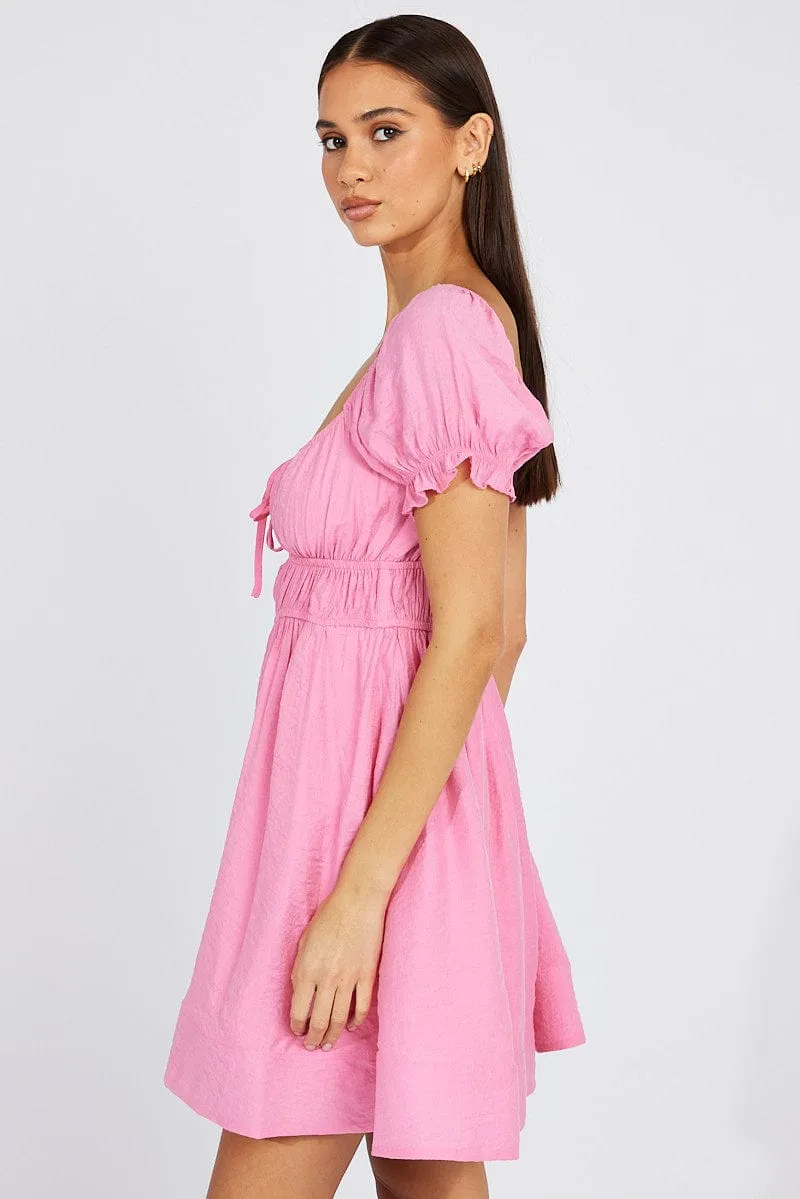 Pink Fit and Flare Dress Short Sleeve Ruched Warm Pants Breathable fabric