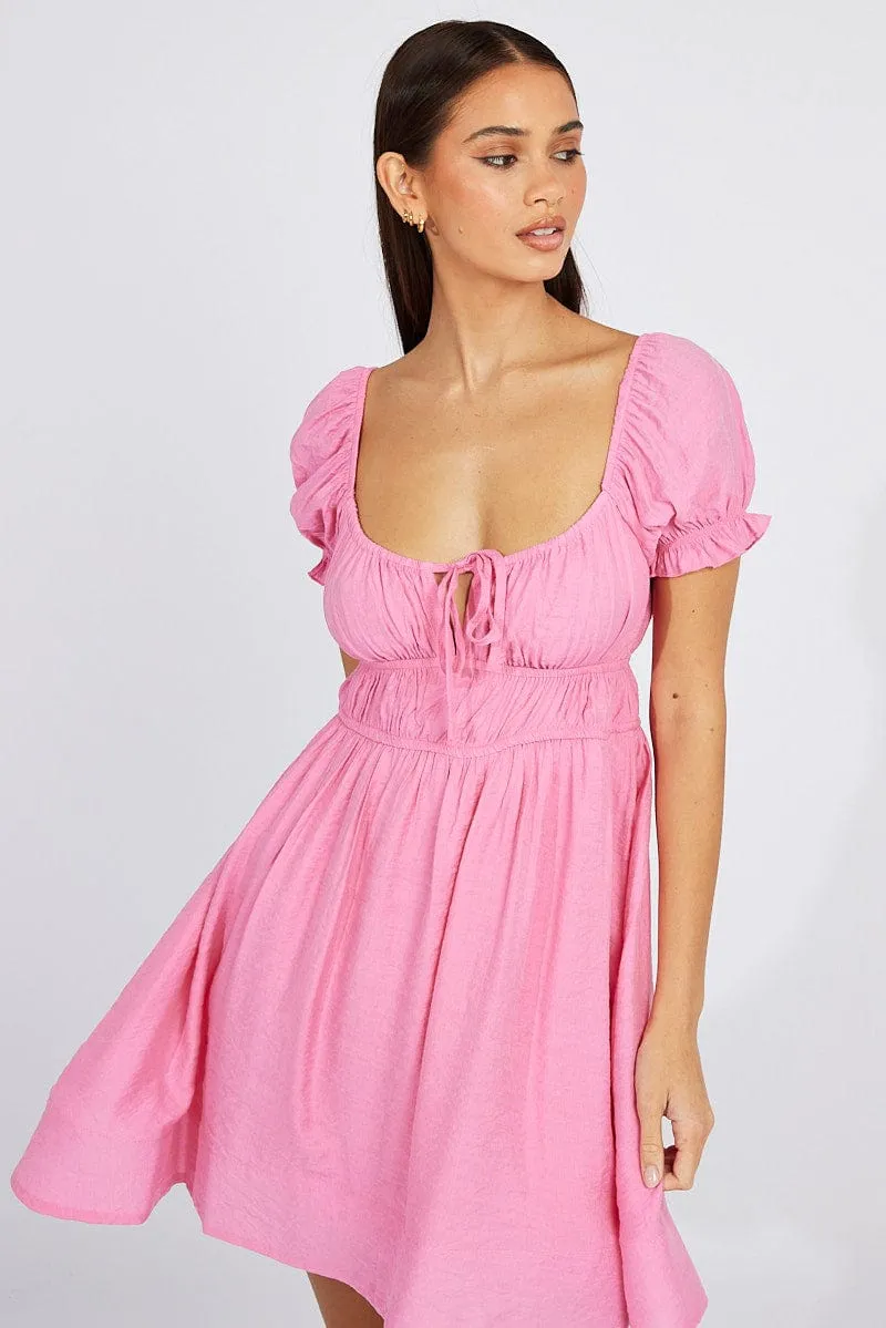 Pink Fit and Flare Dress Short Sleeve Ruched LightweightKnit StretchFit