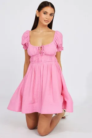 Pink Fit and Flare Dress Short Sleeve Ruched HeatReflective Lining Luxury Touch
