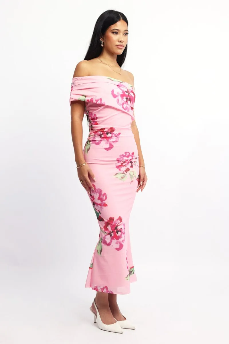 Thermal regulation Pink Floral Bodycon Dress One Shoulder Mesh