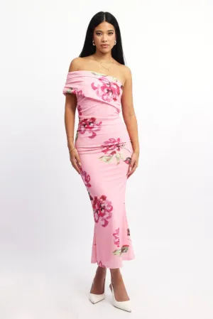 Essential Tee Pink Floral Bodycon Dress One Shoulder Mesh