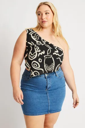 Black Abstract Scarf Top One Shoulder outdoor mode