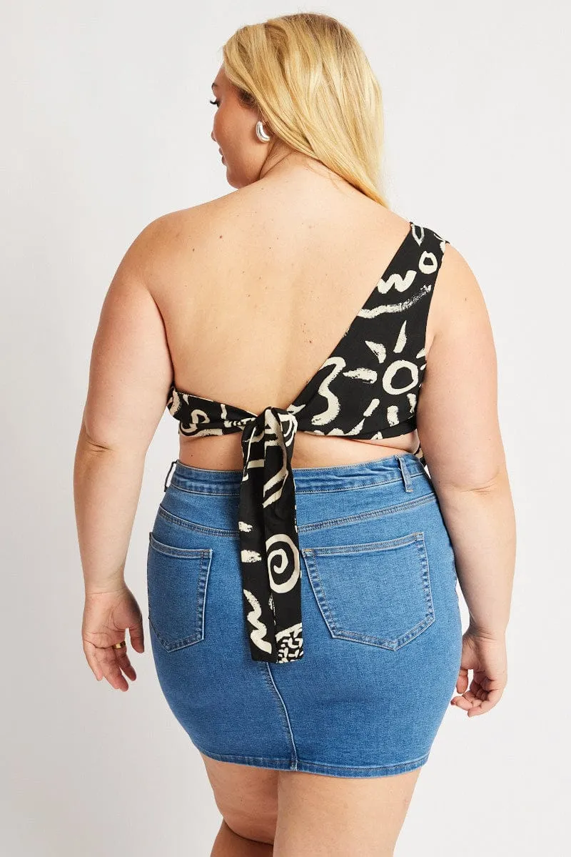 Black Abstract Scarf Top One Shoulder Statement Wear Ergonomic Pattern