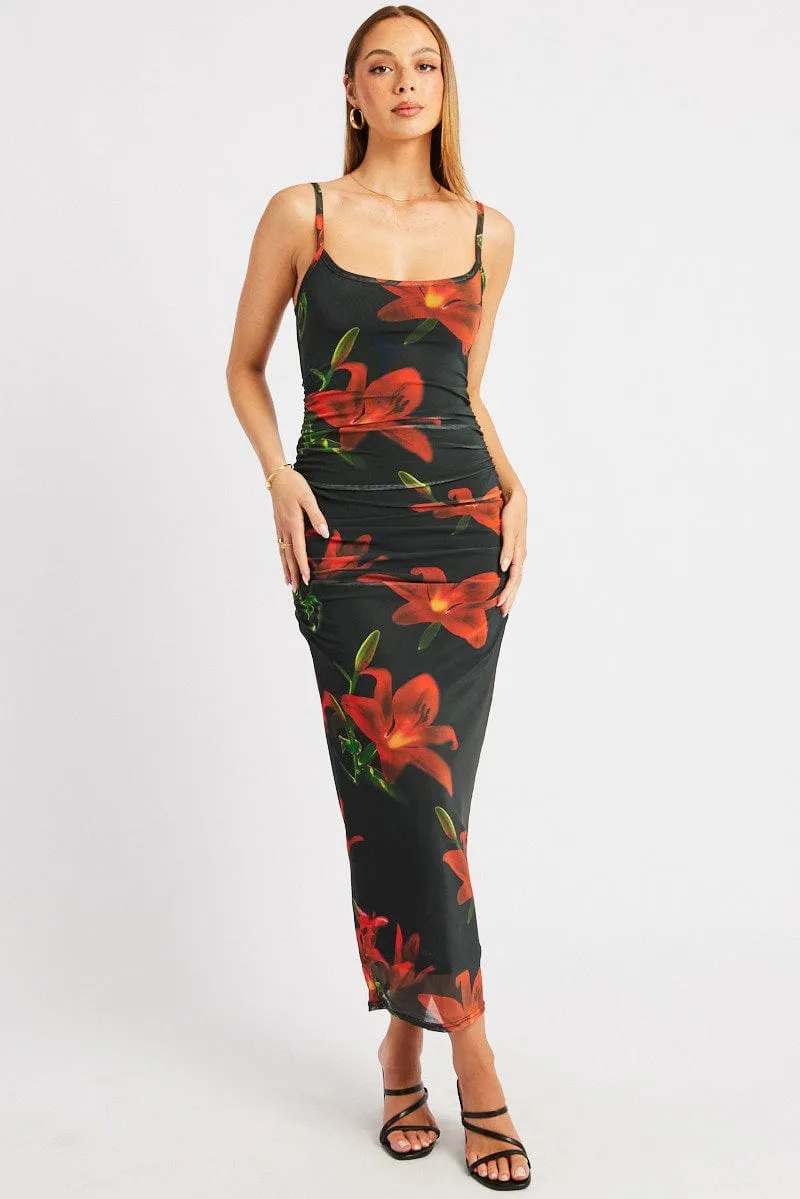 Breathable Lining Harbor Style Black Floral Bodycon Dress Singlet Mesh