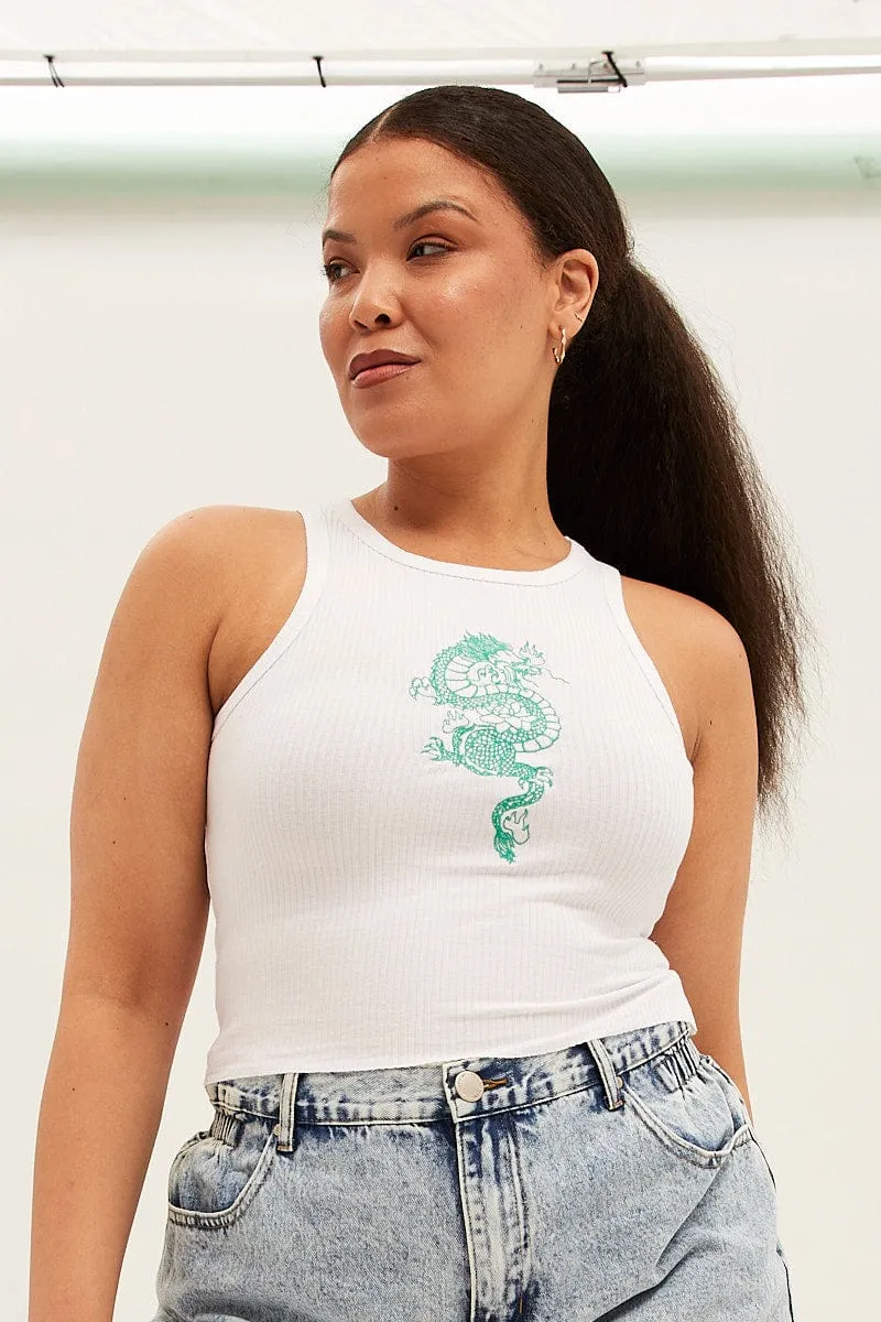 On-the-Go Fashion Oversized Cut White Sleeveless Rib Tank Top With Dragon Embroidery