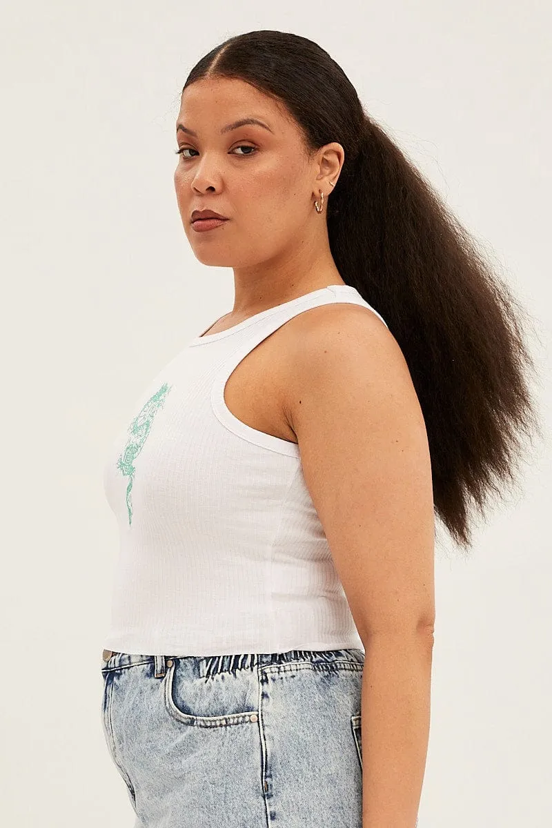 Layering Options Durable Knit Structure White Sleeveless Rib Tank Top With Dragon Embroidery