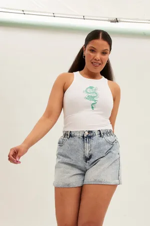 White Sleeveless Rib Tank Top With Dragon Embroidery Easy Look