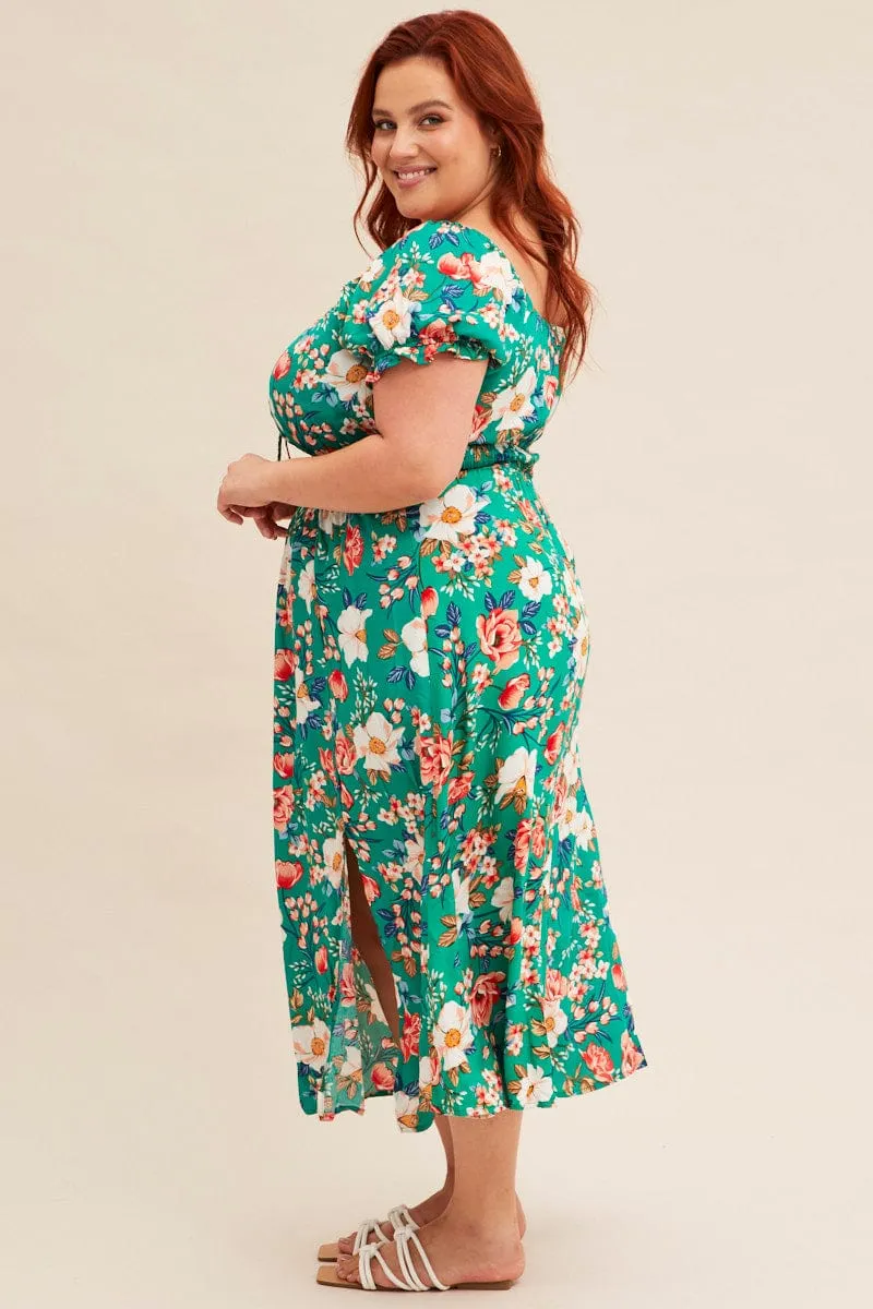 Green Floral Short Puff Sleeve Midi Slit Dress Chic everyday outfit Fashion-forward piece for evening