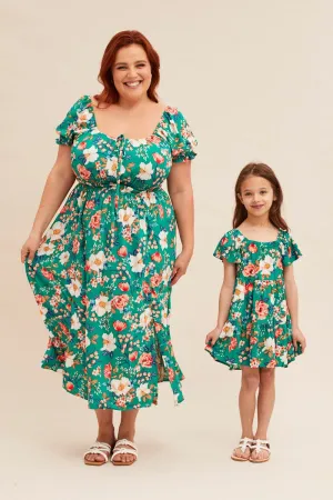 Green Floral Short Puff Sleeve Midi Slit Dress Diamond Glow