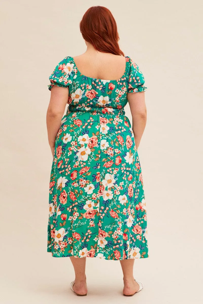 Polished Design Green Floral Short Puff Sleeve Midi Slit Dress