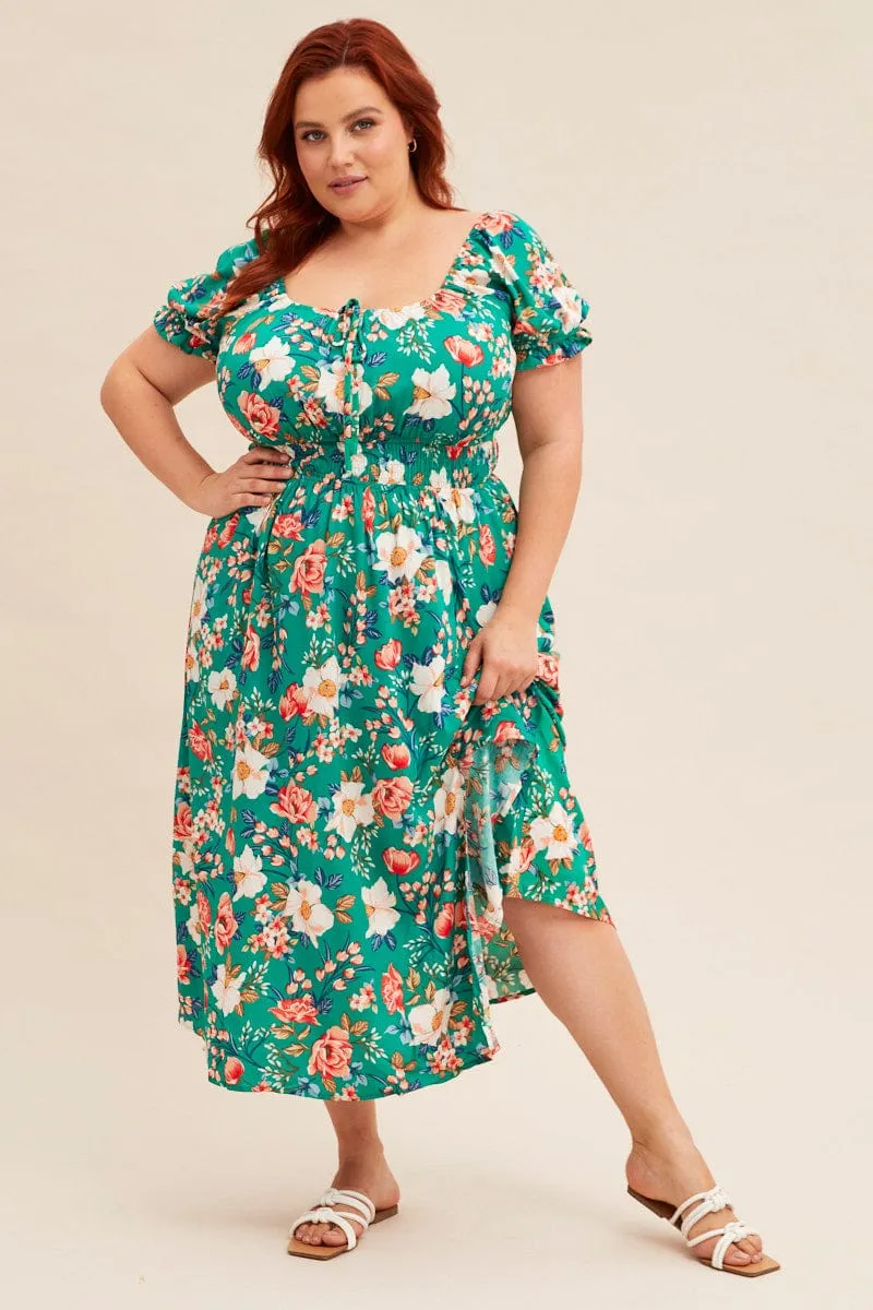Green Floral Short Puff Sleeve Midi Slit Dress Blue Hour