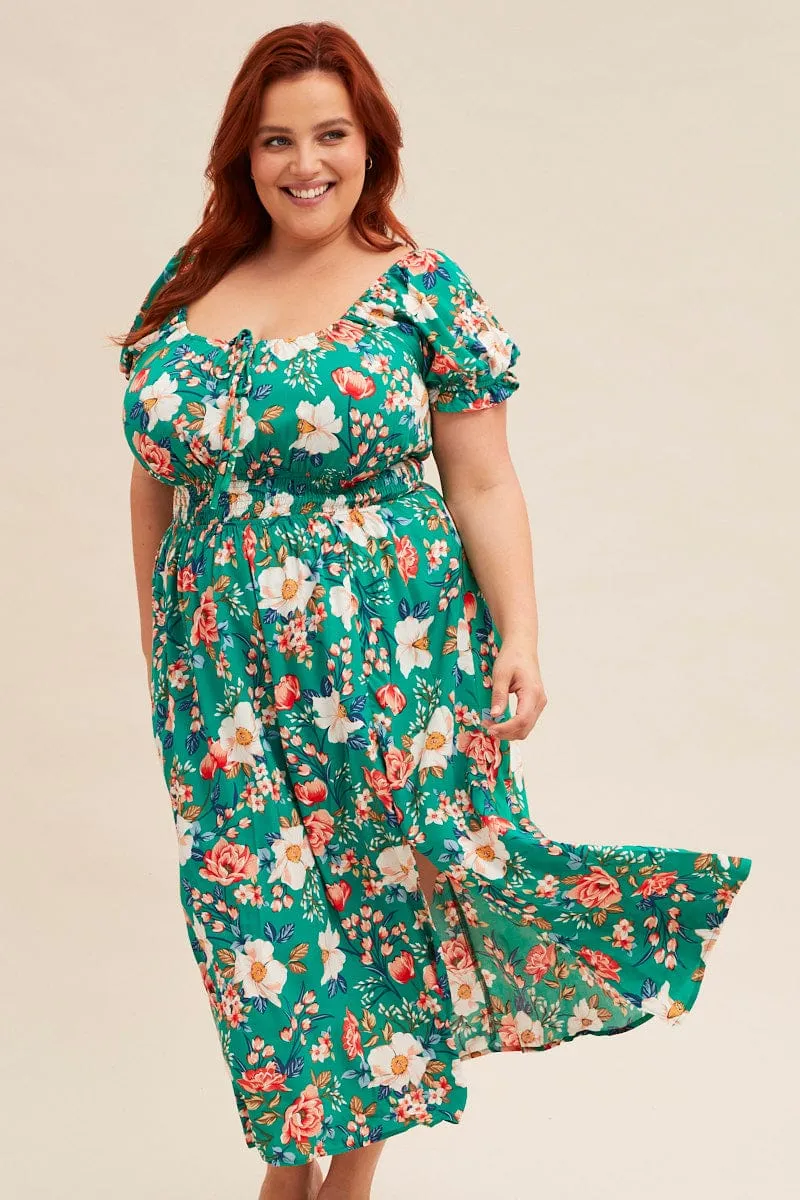 Green Floral Short Puff Sleeve Midi Slit Dress Picnic Shade