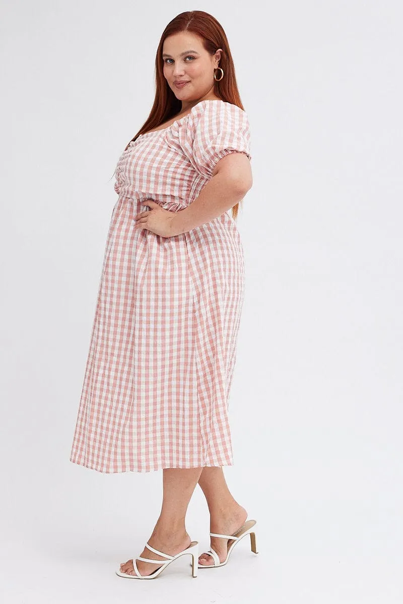 Pink Check Midi Dress Ruched Bodice Gingham Puff Sleeve Self expression