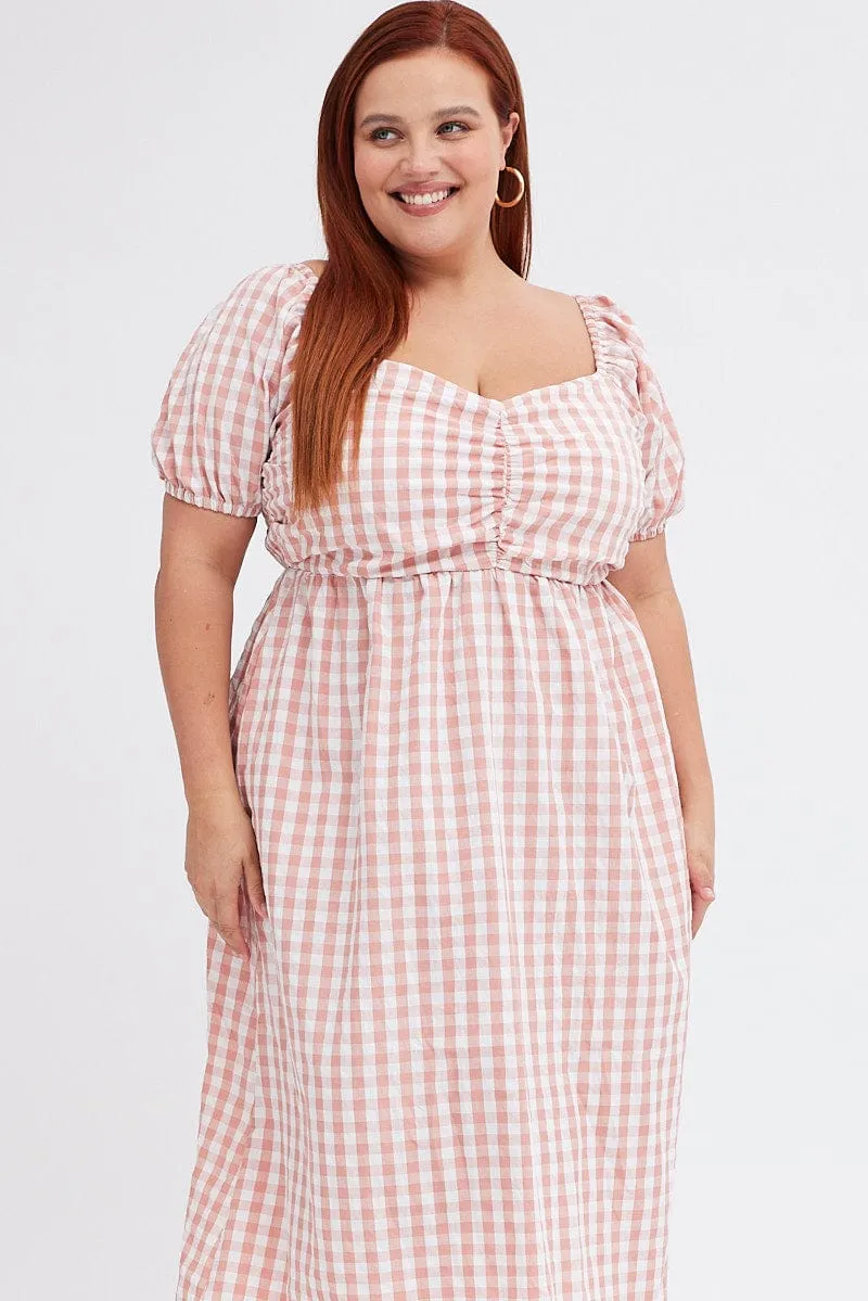 Stylish Silhouettes Gala Ready Pink Check Midi Dress Ruched Bodice Gingham Puff Sleeve